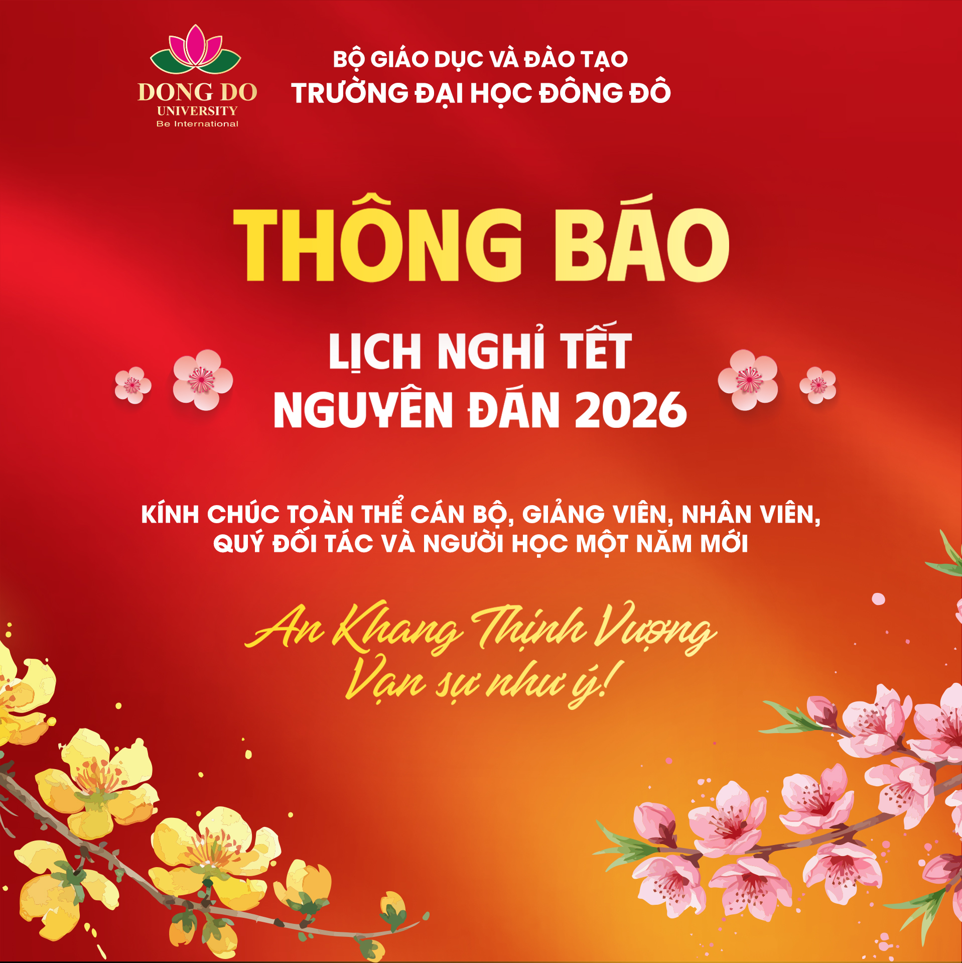 Trường Đại học Đông Đô thông báo lịch nghỉ tết Nguyên đán Bính Ngọ năm 2026 
