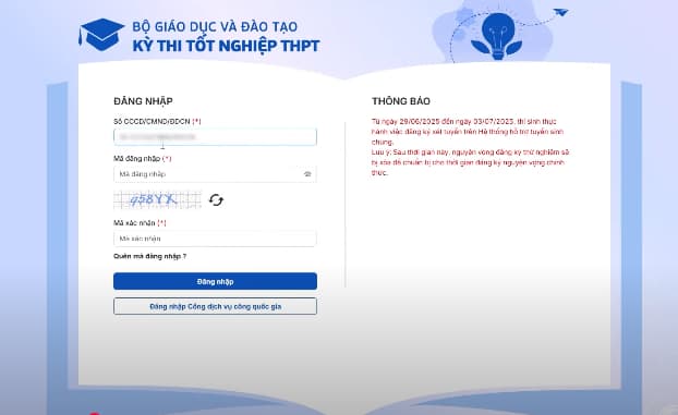 Bước 1: Truy cập v&agrave;o trang http://thisinh.thitotnghiepthpt.edu.vn/ v&agrave; đăng nhập t&agrave;i khoản